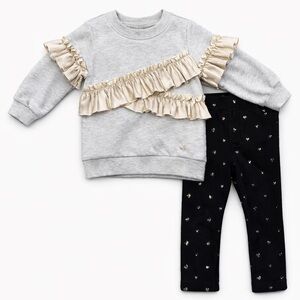 Calvin Klein Jeans Baby Girl Outfit 18M Gray Shiny Ruffle Top & Heart Leggings
